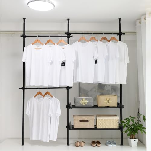 ハンガーラック 天井突っ張り式 ハンガーラック 耐荷重 衣類収納 省スペース 縦横伸縮 高さ110~200cm 洋服ラック おしゃれ つっぱり棒 工具不要 組立簡単 (カラー : 黒, サイズ : 縦3、横3 パレット 2)