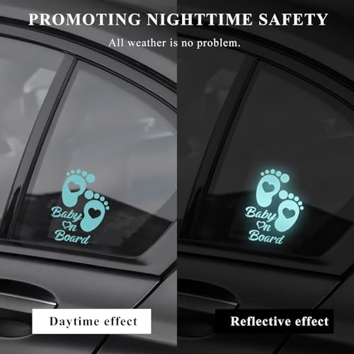 Image of Baby on Board Car Sticker, High Intensity Reflective Baby on Board Footprint Safety Warning Decal, Waterproof Kids on Board Baby in Car Feet Decal Sticker for Bumper (Light Blue)