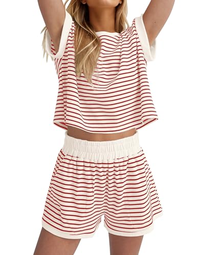 MISSACTIVER 2 Piece Lounge Set Women Stripe Knit Short Sleeve Tee Shirts Shorts Casual Summer Loungewear Shorts Sets