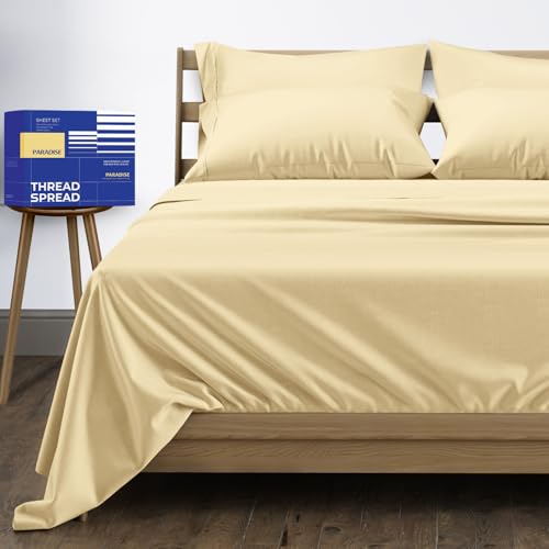 Image of THREAD SPREAD California King Bed Sheets, Luxury 1000 Series Paradise Collection 100% Egyptian Cotton Cal King Sheets Set (6 PC, Sand), Soft, Cooling, Sateen, 16 inch Deep Pocket Hotel Sheet Set