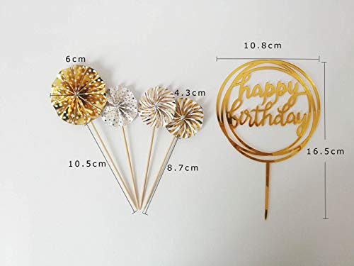 Demissir Happy Birthday Cake Toppers, A Series Of Golden Paper Fans, 2 Acrylic Round Happy Birthday Golden Cupcake Topper, Confetti Balloon Birthday Cake Supplies Decorations Set-Golden #TOP2