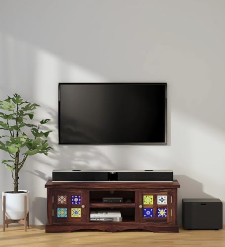 Image of Solid Wood TV Unit for Living Room 50 Inch Furniture - Wooden TV Unit with Storage Cabinet with 2 Door, 2 Open Shelves Wooden TV Cabinet for Living Room - Fits up to 50-Inch TV (Evan)