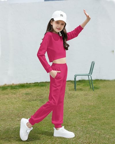 Image of Betusline Girls 2 Piece Outfits Girls Cropped Sweatsuit Pants Outfit Clothes Set, 4T-14 Years