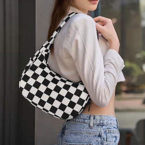 Checkered Shoulder Bags for Women Nylon Hobo Handbag Checkered Purse Crescent Bag for Travel Sports2