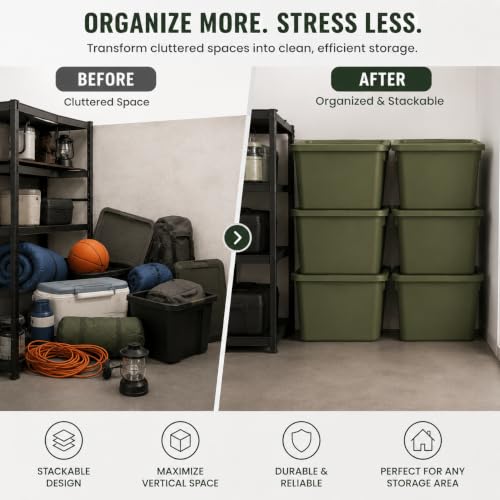 Image of 18 Gal Stackable Storage Tote with Lid, Plastic Container, Olive Green