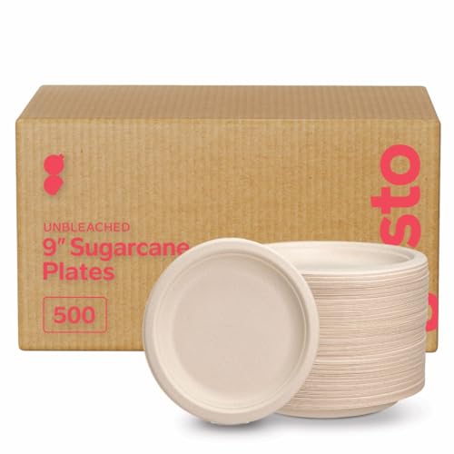 Image of GUSTO 9-Inch Heavy-Duty Kraft Paper Plates - [Case of 500], 100% Compostable & Biodegradable Disposable Sugarcane Plates, Brown Unbleached (Formerly Comfy Package)