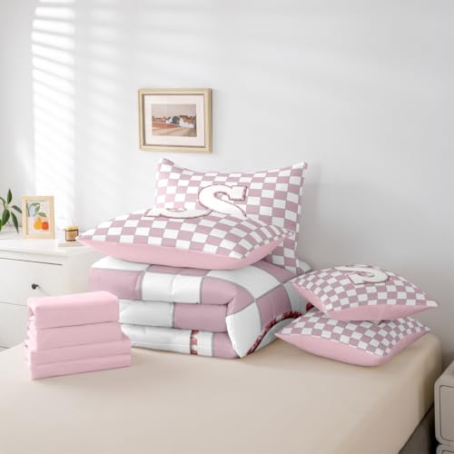 Image of Erosebridal Pink Initial S King Bedding Set 7 Piece Kawaii Plaid Checkered Bed in A Bag with Sheets Cute Personalized Monogram Comforter Set for Kids Girls Teen Women,Fashion Grids Gingham Bed Sets
