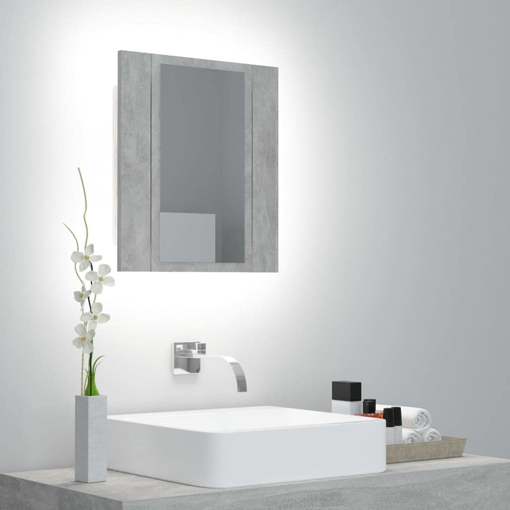 TREISL Armario con espejo para baño o casa con luces LED gris cemento 40 x 12 x 45 cm mueble de baño con estantes estilo contemporáneo mueble joyero con espejo amplio espacio de almacenamiento