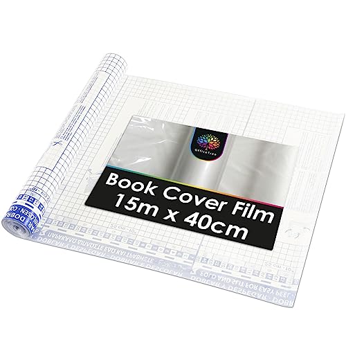 OfficeTree Clear Book Cover Film Self Adhesive - 15m x 40cm - 60μ Strong - Sticky Book Covering Film - Book Laminate Roll - Clear Sticky Back Plastic Roll for School Books