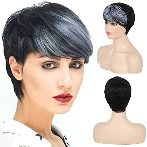 Baruisi Women's Pixie Wig with Blue Bangs Short Natural Synthetic Halloween Cosplay Hair Wig for Daily Party Use