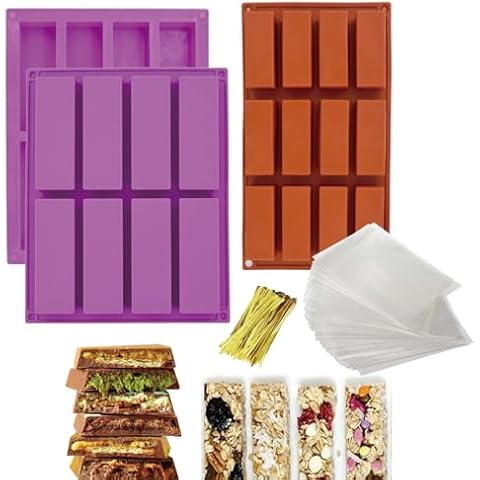 3 Pack Deep Chocolate Bar Mold Rectangle Granola Bar Silicone Mold Nutrition Cereal Bar Molds Energy Bar Maker for Baking Bread Chocolate Truffles Brownie Cornbread Cheesecake Pudding Butter Mould Cover