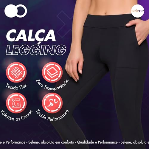 SELENE Legging Montaria Zero Transparência Com Bolso Casual, Preto, P