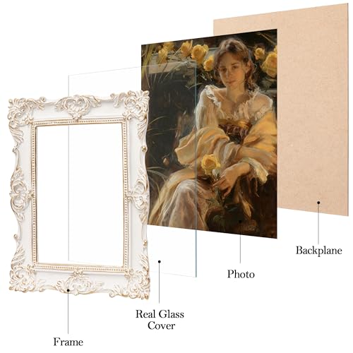 Image of eletecpro 5x7 Vintage Picture Frame with Real Glass Cover, Ornate Antique Photo Frame, Display 5x7 Picture for Tabletop or Wall Hanging, White Home Decor for Gallery Art