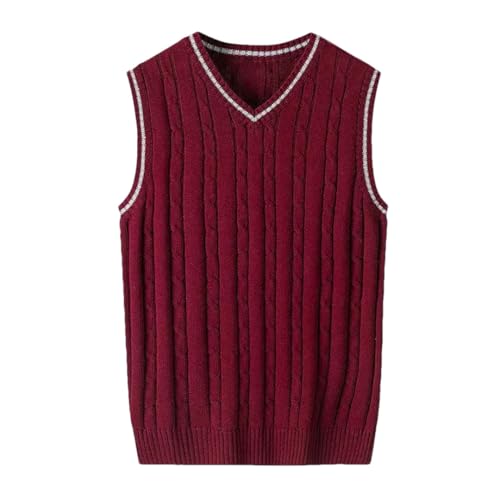 Men’S Thick Cable Knitted V-Neck Sweater Vest Korean Style Sleeveless Solid Color Pullover Waistcoat