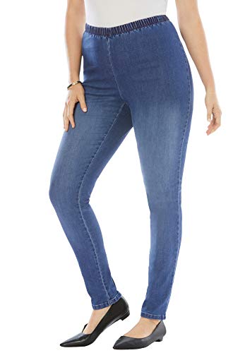 Roamans Women's Plus Size Tall Skinny-Leg Pull-On Stretch Jean Elastic Waist Jegging - 24 T, Medium Stonewash Sanded