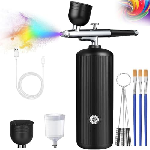Portable Airbrush Kit with Compressor, 48PSI Cordless Non-Clogging High-Pressure Air Brush Gun with 0.3mm Nozzle and Cleaning Brush Set for Graffiti Painting, Nail Art, Makeup, Cake Decor (Black)