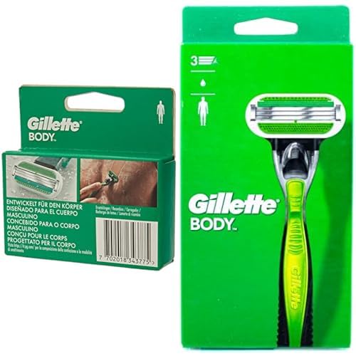 Gillette Body Rasierklingen für Männer, 4 Ersatzklingen, Body Rasierklingen mit 3 Klingen, die stärker als Stahl sind & Body Rasierer Herren, Nassrasierer + 1 Rasierklinge mit 3-fach Klinge