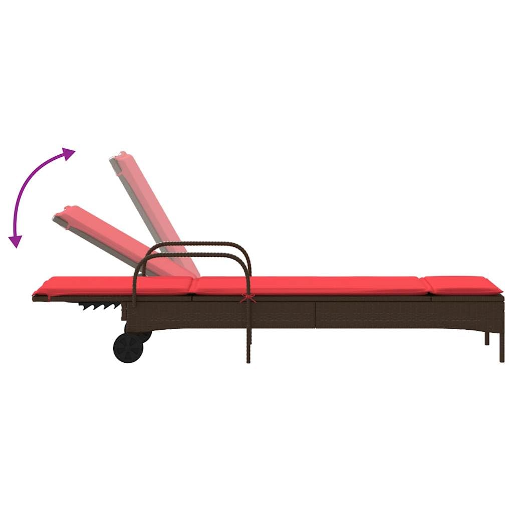 Tumbona de polirratán con ruedas y cojín rojo | Cómoda tumbona de jardín con respaldo ajustable en 3 posiciones y cojín suave para terraza y piscina.