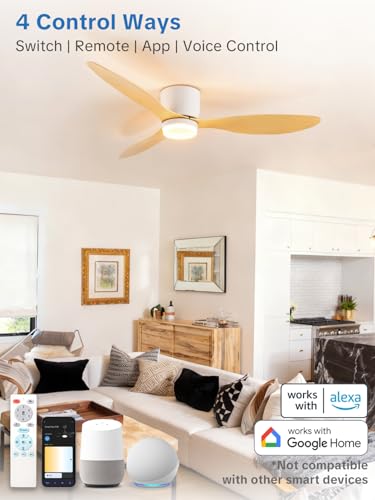 Smart Ceiling Fans with Lights, 42” Low Profile Flush Mount for Bedroom, WiFi Voice Control via Alexa/Google Home, Quiet DC Motor, Dimmable LED 3 Colour Temps, 6 Speeds, Reversible – White Wood Grain