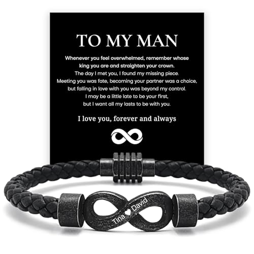 Assote To My Man, Personalized Dual Name Infinity Leather Bracelet, Custom Name Stainless Steel Braided Bracelet for Men/Women, for Birthday,