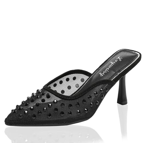 Lryweisy Women's 2.4 Inch Glitter Kitten Heel Mesh Backless Rhinestone Pumps with Soft Memory Foam Insole for All Day Comfort