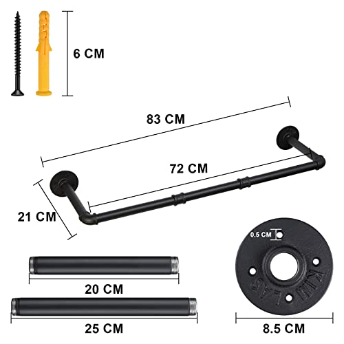 Kleiderstange Wandmontage 70cm, Wand Industrierohr Garderobenstange Metall für Kleiderbügel, Schwarz Garderobe Stange für Flur, 20cm Abständer, 30kg Belastbar