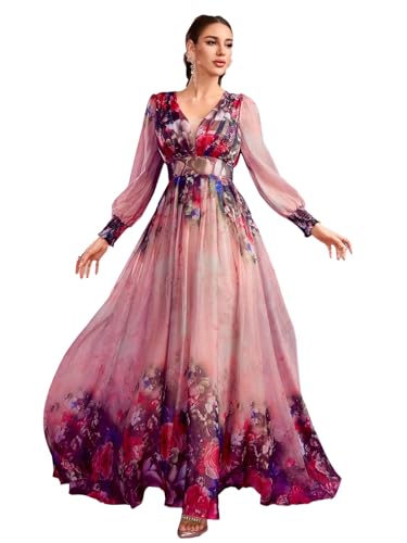 Image of TOLEEN Summer Casual Dresses for Women 2024 Spring Fashion Boho V Neck Long Sleeve Ruffle Floral Print Elegant Maxi Dress