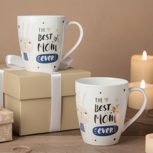 Image of U.P.C. UPC Milk Mug Set of 2 | The Best Mom Ever Printed Cup | Birthday Gift for Mom | White Blue Gold | Dishwasher Safe