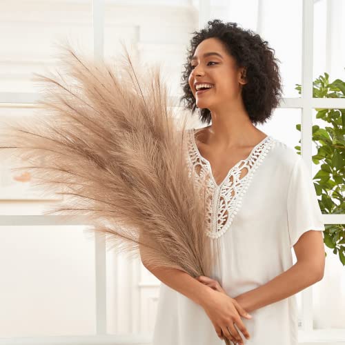 Perfnique Faux Pampas Grass, Bundle Of 3 Stems Large Tall 43'' Artificial Fake Flowers, Rustic Home Vase Fillers, Boho Room Decor, Kitchen Decor (Coffee Brown) #TOP1