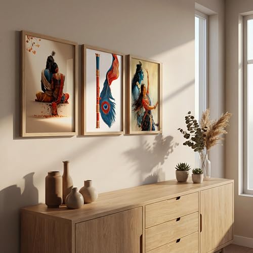 Image of NoWorries Traditional Wall Art Frames Set of 3 | Indian Art Wall Decoe Frames | Radhe Krishna and Feather Painting, High Quality HD Printed Framed Posters for Living Room, Bedroom, Office and Home Decoration (Frames Size-13x19Inch)