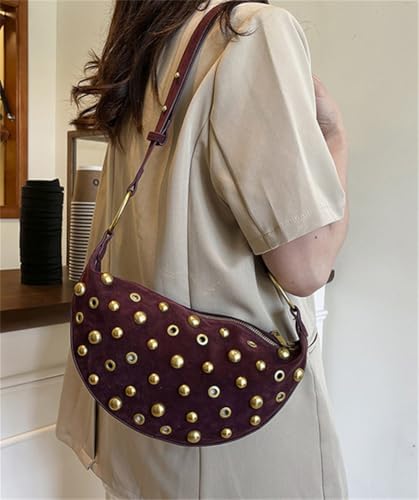 Women's Studded Shoulder Purses Gold Studs Punk Large Suede Handbag Trendy Purse Retro Tote Bag Adjustable Strap3