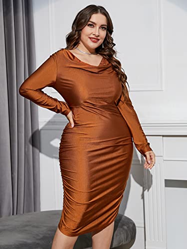 Floerns Women's Plus Size Long Sleeve Draped Cowl Neck Party Bodycon Midi Dress Brown 3Xl #TOP6