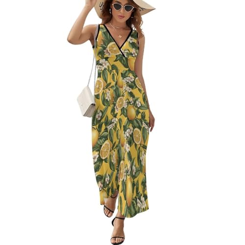 TZTTZT Sommerkleider mit gelbem Zitronen- und Blumendruck für Damen lässig ärmellos Strandurlaub langes Midikleid Mehrfarbig L