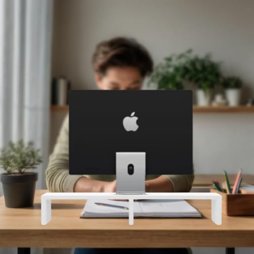 Image of flux Monitor Stand Wooden | Monitor Stand Riser | PC Stand For Desktop Table | , with 3 leg support, Non-Slip | Material: Particle Board Wood | Size: (59.5 cm x 20cm x 12cm) white