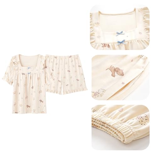 Pijama de algodón de dos piezas con camiseta y shorts de mujer para ropa de dormir 5