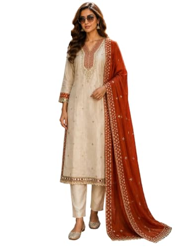 Image of Berrylicious Women Off White Sequinned And Hand Embroidered Kurta With Pant & Embroidered Dupatta | Ethnic Kurta Set | Casual & Office Wear