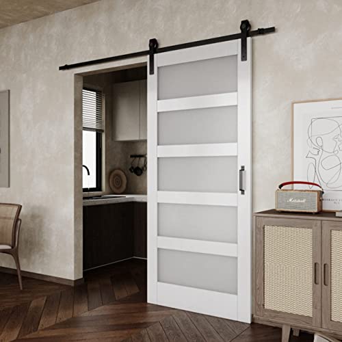 BARNER HOME 36in x 84in Sliding Barn Door, MDF, Primed, 5 Glass Panel,Need to Assemble, with 6.6ft Hardware, Handle and Floor Guide