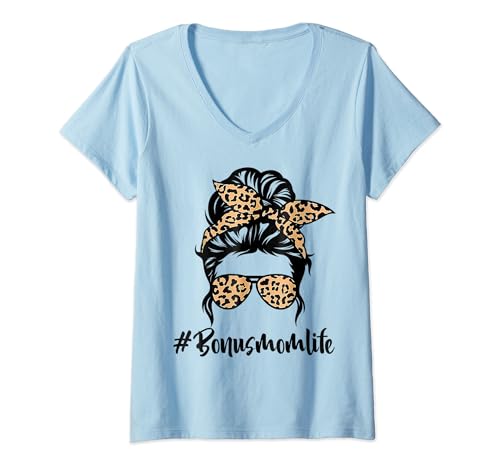 Womens Bonus Mom Life Messy Bun Hair Leopard Print Mother's Day tee V-Neck T-Shirt