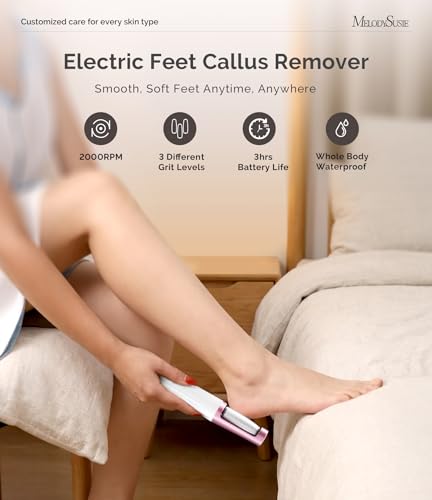 MelodySusie Electric Callus Remover for Feet, PC800G IPX7 Waterproof Rechargeable Pedicure Tool with LED Light & 3 Grits Roller Heads & Adjustable Speeds, for Dead Skin & Cracked Heel, White Rose — view 3