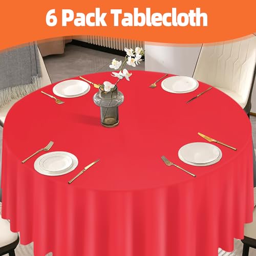 Image of tujol Red 6 Pack Plastic Table Cloth 84 inch, Disposable Round Tablecloth Table Cover, Plastic Tablecloths for Parties