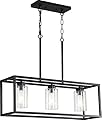 Black 3-Light Dining Room Light Fixture, Modern Farmhouse Chandeliers, Linear Rectangular Kitchen Island Lighting, Industrial Vintage Pendant Lighting with Clear Glass Shade Height Adjustable
