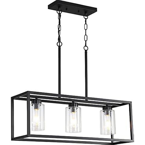 Black 3-Light Dining Room Light Fixture, Modern Farmhouse Chandeliers, Linear Rectangular Kitchen Island Lighting, Industrial Vintage Pendant Lighting with Clear Glass Shade Height Adjustable Cover