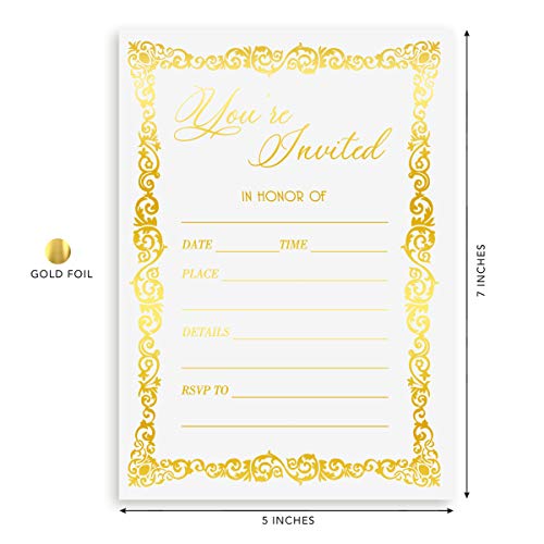 Fill in Invitations Gold Foil - 25 Pack - Wedding Invitation, Hot Stamping Press. Party Invitations Birthday, Anniversary Celebration, Bridal or Baby Shower (Invitation Gold 3)