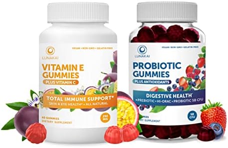 Vitamin E and Probiotic Gummies Bundle - 3000 mcg Gummies for Adults Energy Support - Probiotics & Prebiotic for Digestive Gut Health - Non-GMO, All Natural Gummies