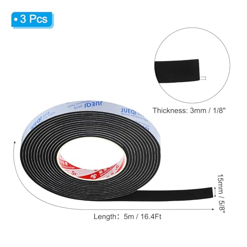 Image of PATIKIL 5 /8 inch W x 1 /8 inch T x 16.4Ft EVA Single Sided Foam Tape, 3Pcs Multipurpose Sealing Strip Foam Waterproof Weather Stripping Foam Sealing Foam Strips with Adhesive for Door, Black