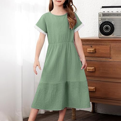 Girls Lace Trim Short Sleeve Dresses Casual Crew Neck Pleated A-Line Tiered Ruffle Hem Semi Formal Midi Dress 4-14 Years3