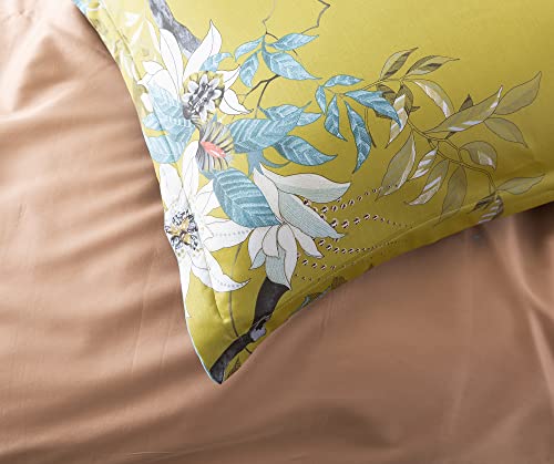 Exotic Modern Floral Print Bedding Birds Flowers Dusty Grey Design 100% Cotton Duvet Cover 3Pc Set Hibiscus Blossom Branches In Muted Gray Blue (King, Citronelle Green) #TOP5