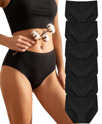 ALL OF SHE Unterhosen Damen Baumwolle Hohe Taille Baumwoll Unterwäsche Damen Schwarze Unterhose High Waist Hipster Frauen Mittlere Slips 6er Pack Für Alltag Weich & Atmungsaktiv-L