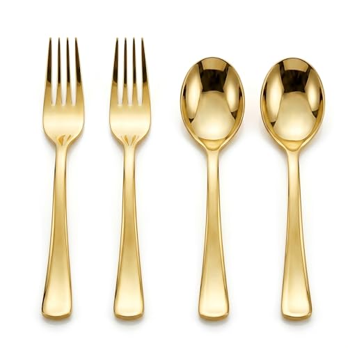 100 Pack Gold Forks And spoons Disposable - Plastic Gold Spoons And Forks Set - 50 Gold Forks And 50 Spoons Heavy Duty Disposable Utensils For All Ocaasions.