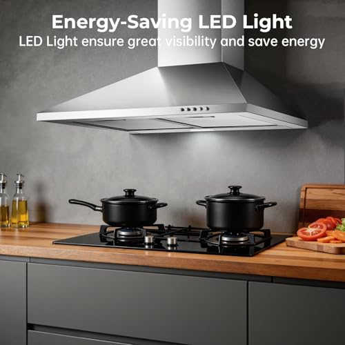 Image of 24 Inch Wall Mount Range Hood, Stainless Steel Range Hood 450 CFM, Ducted /Ductless Convertible Kitchen Hood with Push Button Control, 3 Fan Speed, 2 Pcs Mesh Filters